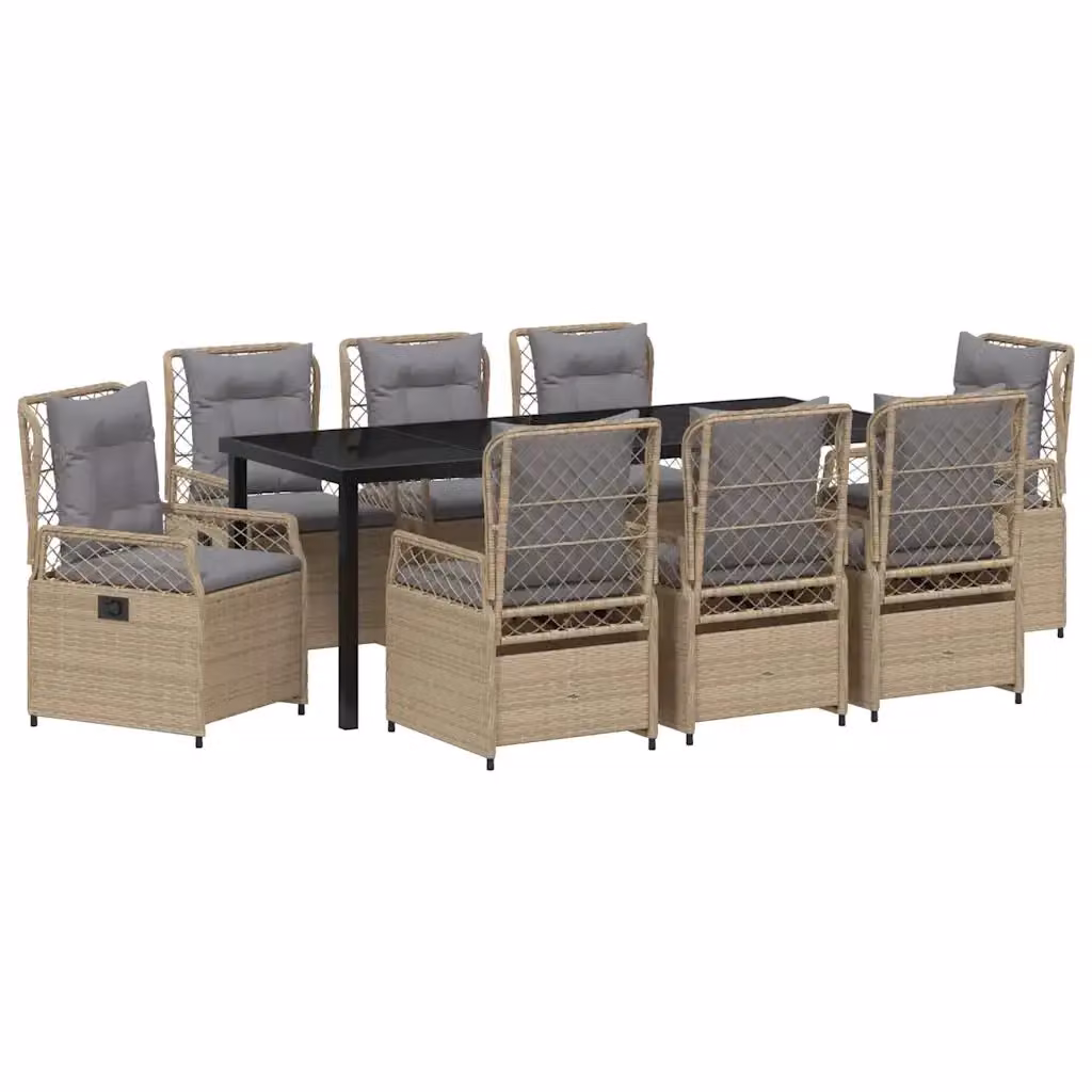 Set da Pranzo per Giardino e Terrazzo vidaXL in Polyrattan con Piano in Vetro, 9 Pezzi, Beige e Grigio, L/P/H: 200 x 110 x 80 cm – 2