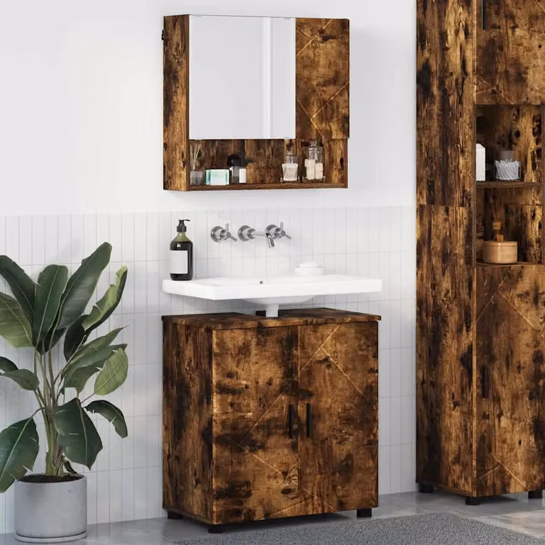Set di mobili per il bagno vidaXL composto da mobile lavabo e armadietto con specchio, colore marrone rovere, L: 61 cm, P: 35 cm, H: 64 cm