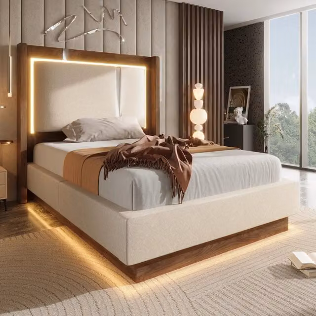 Letto contenitore Mivray con illuminazione LED e rete a doghe in legno e metallo, colore beige, L/P/H: 90 x 200 cm