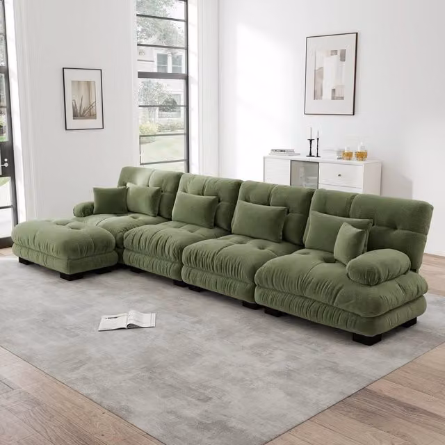 Divano Angolare Modulare 4 Posti Minimal in Chenille Verde con Pouf Reversibile