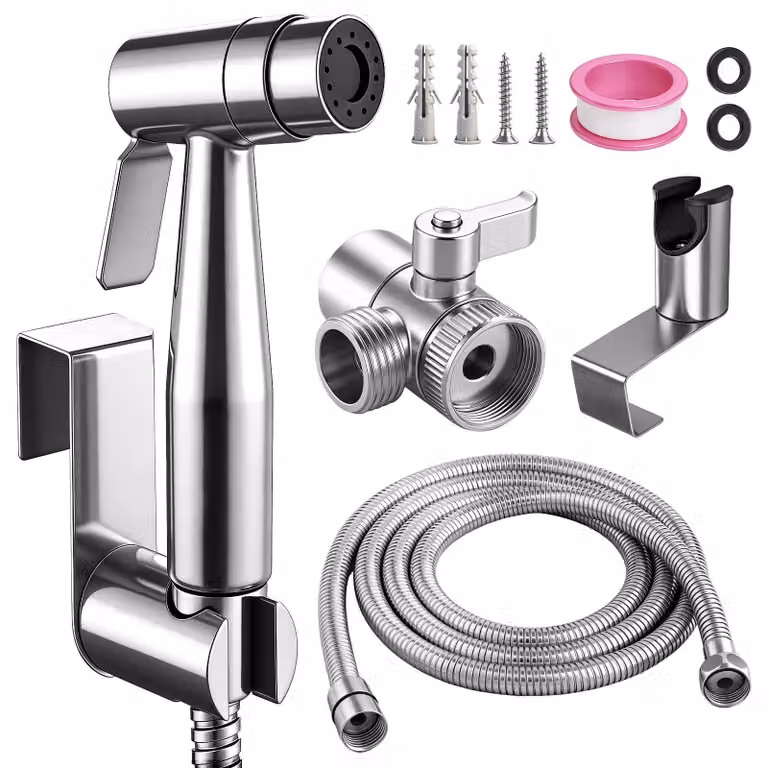Set doccetta per bidet – Doccetta in acciaio inossidabile con tubo flessibile – Tubo flessibile per WC – Doccetta igienica per WC, cura del bambino e animali domestici – 150 cm – Argento