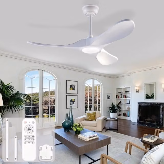 Ventilatore da soffitto con illuminazione LED e telecomando, 3 pale in legno bianco, dimmerabile con 6 velocità e funzione timer