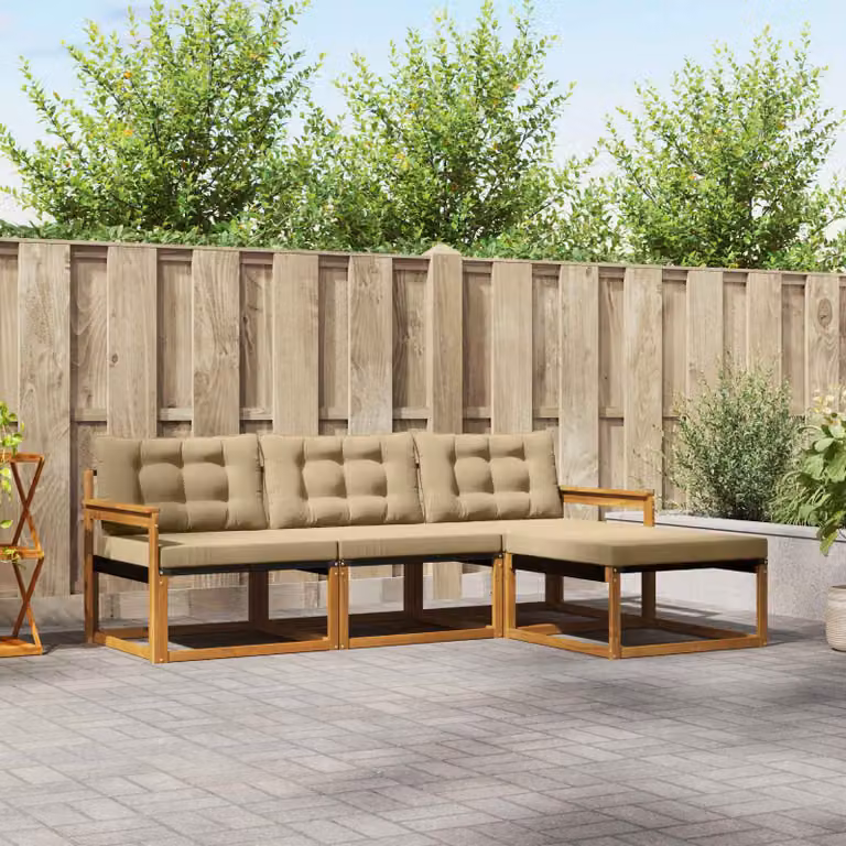 Set di divani da esterno vidaXL a forma di L composto da 4 pezzi in legno di acacia con cuscini beige e marrone
