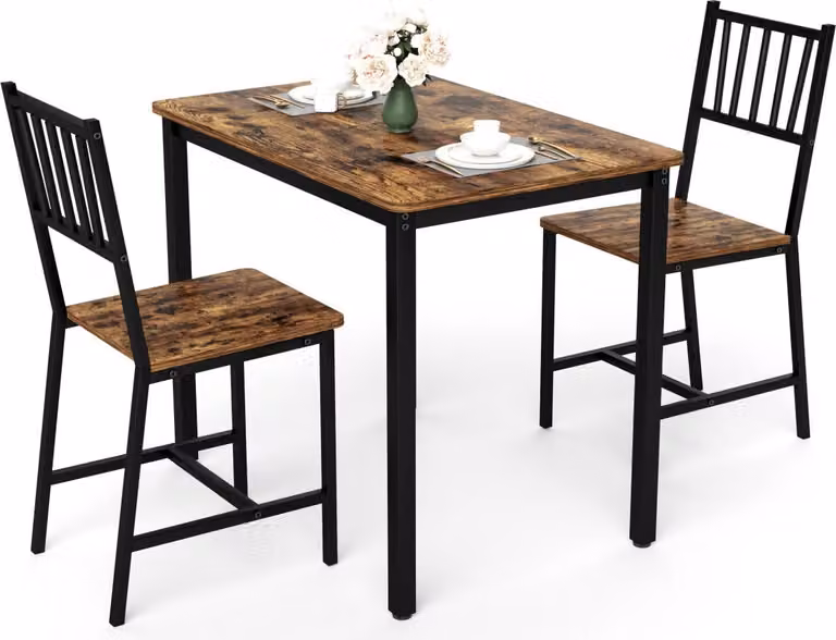 Set da pranzo in stile rustico marrone/nero 90x60x75,5 cm con 2 sedie 39x36x85,5 cm, design industriale, salvaspazio e robusto