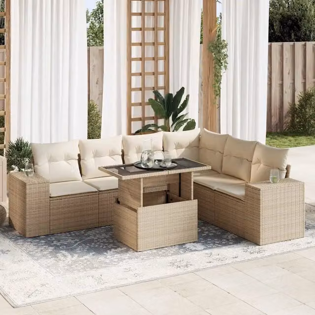 Set Divani da Giardino 7 pz con Cuscini Beige in Polyrattan 3326809