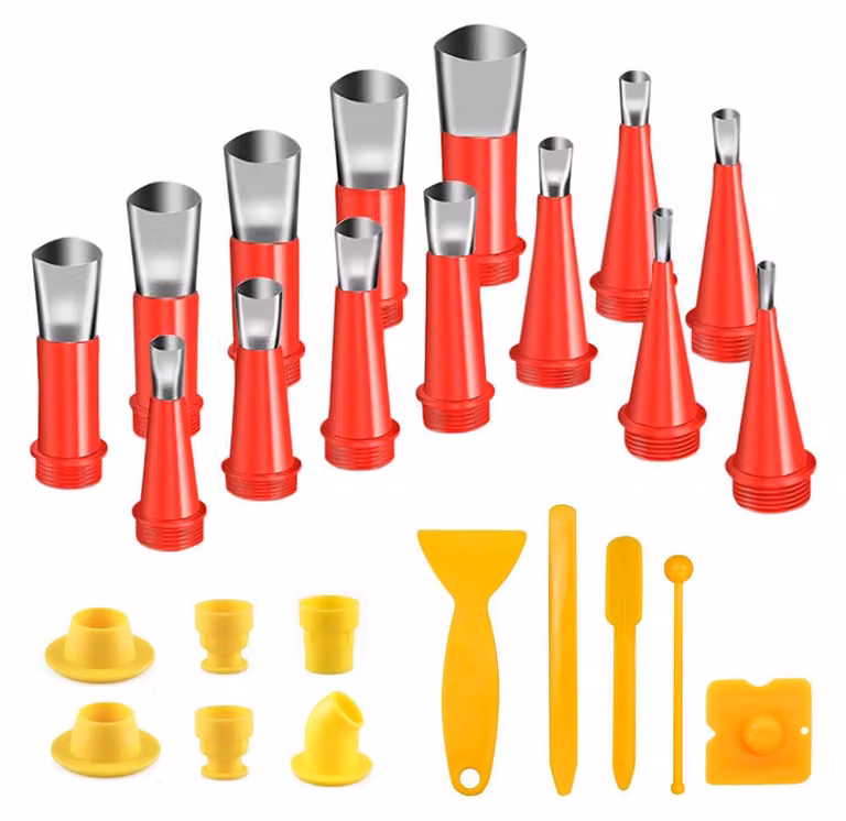 Set di accessori per pistola termica, composto da 20 ugelli, 5 strumenti per rifiniture, realizzati in plastica e acciaio inossidabile