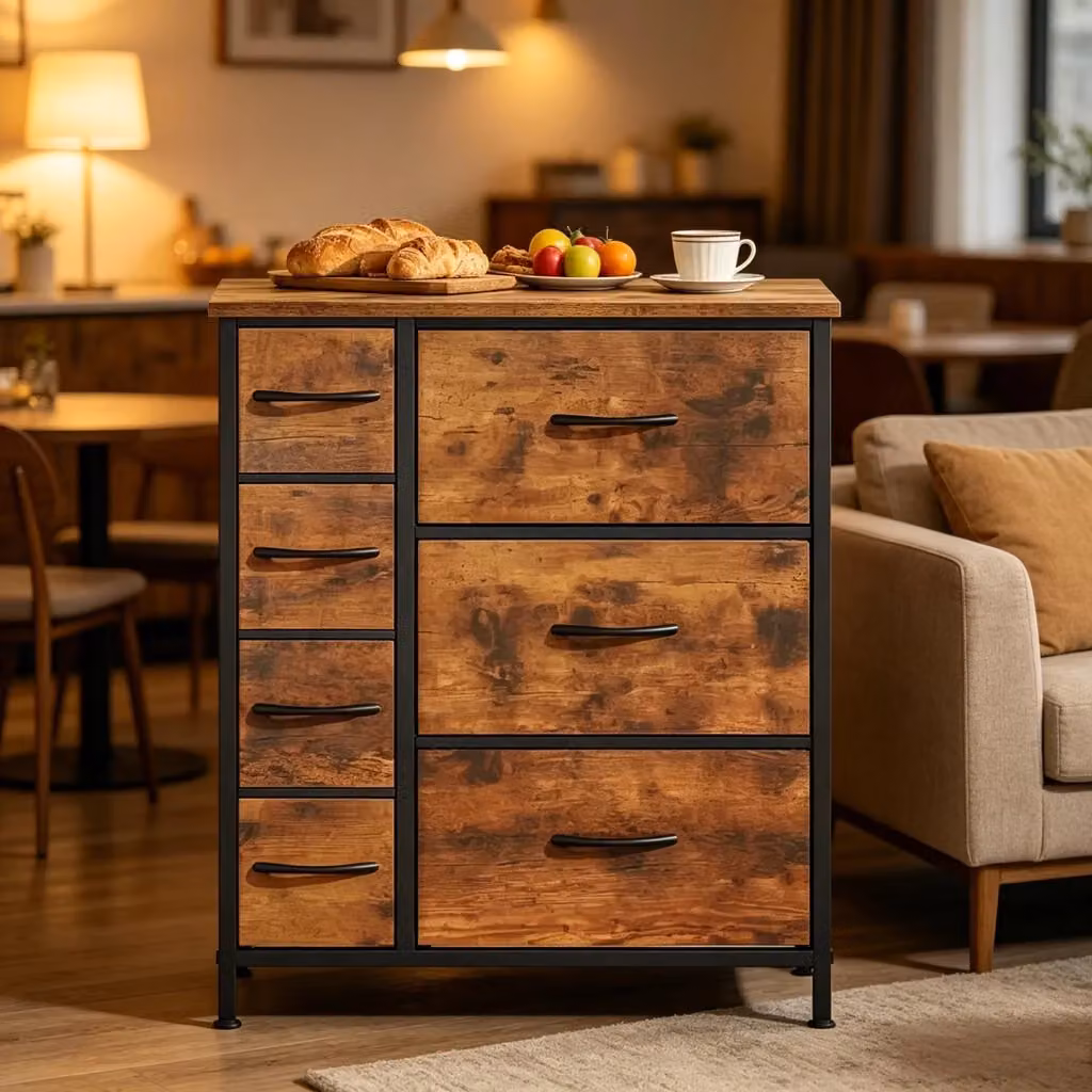Mobile contenitore vintage OKWISH con 7 cassetti in legno, metallo e MDF, ideale per soggiorno, camera o ingresso, L: 63,5 cm, P: 30 cm, H: 73 cm, colore marrone e nero opaco – 2