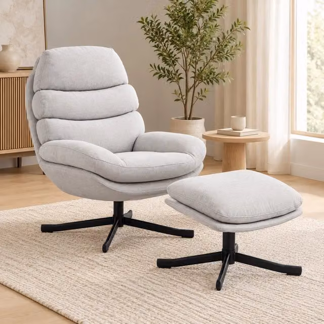 Poltrona relax girevole con poggiapiedi in ciniglia bianco crema 78x93x100 cm