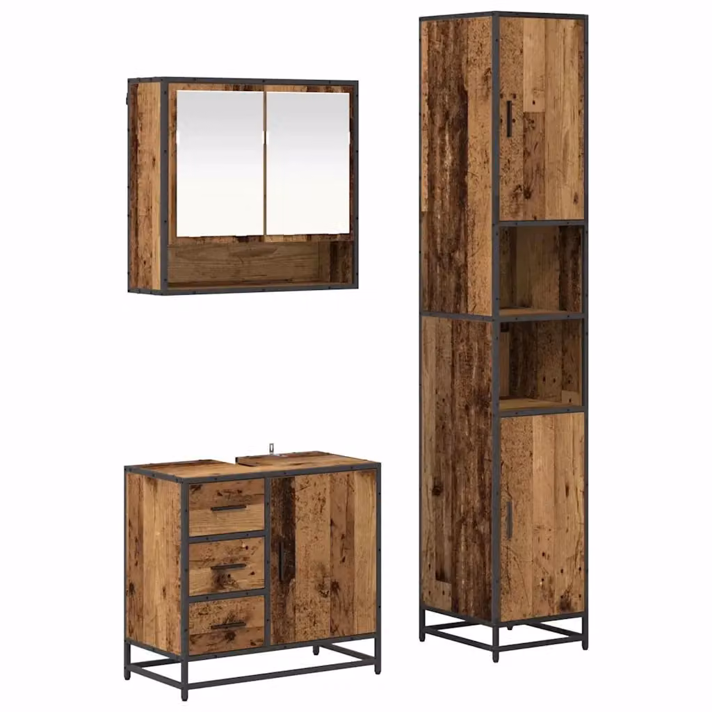 Set di mobili per il bagno vidaXL 3 pezzi in legno e metallo marrone con armadietto a specchio, mobile lavabo e colonna alta – 2