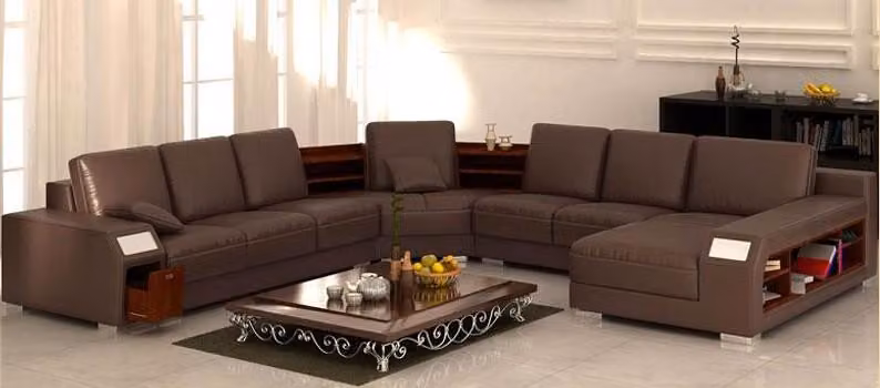 Divano angolare moderno, rivestito in pelle, design elegante, set di divani, soluzione d'arredo per il soggiorno, modello PHM13