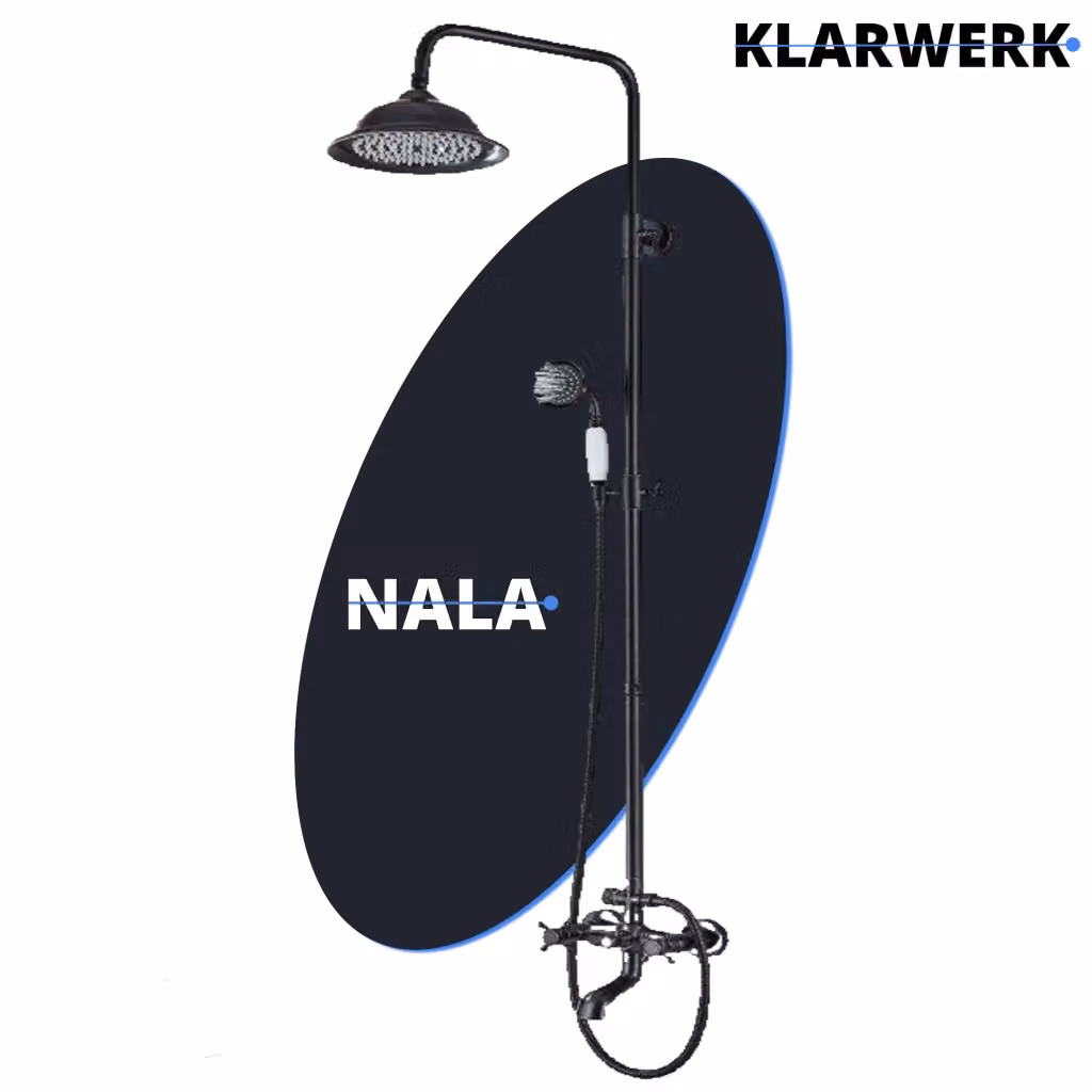 Set doccia vintage NALA in acciaio inox nero opaco con colonna rigida, soffione rain e doccetta, Altezza: 120 cm – 2
