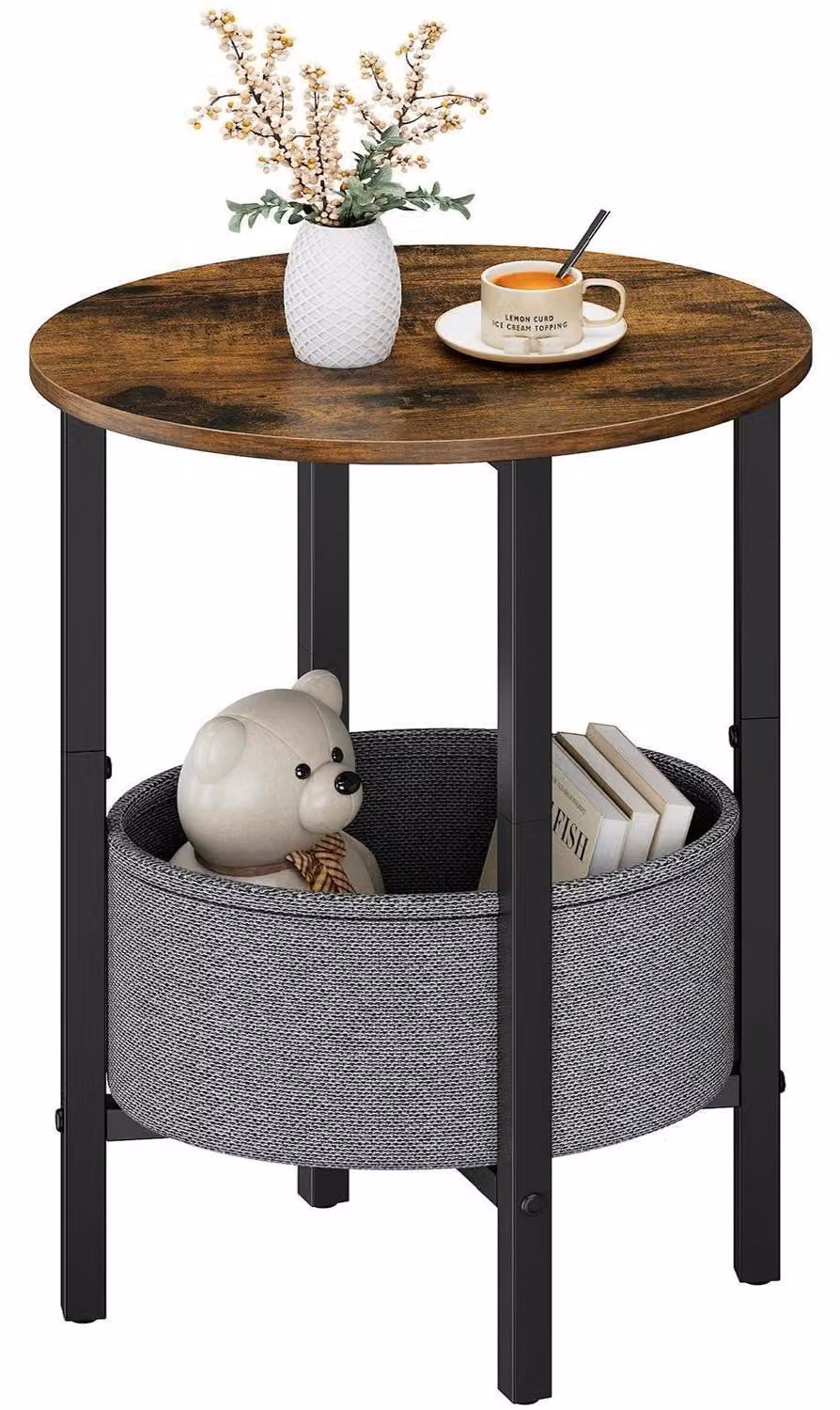 Tavolino laterale rotondo con cesto in tessuto, colore marrone, dimensioni 40,8 x 32,6 x 62,9 cm