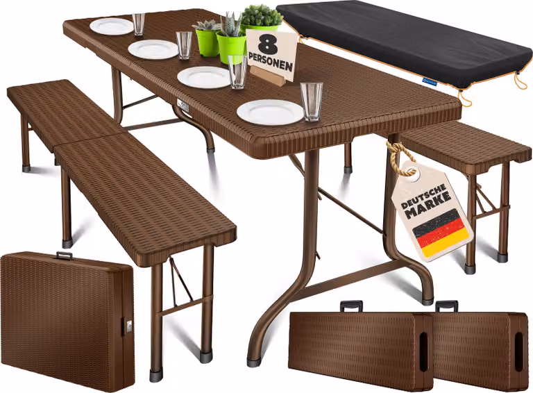 KESSER® Set da birreria, 3 pezzi, 183x76x74 cm, composto da un tavolo e 2 panche, in plastica pieghevole, con copertura inclusa