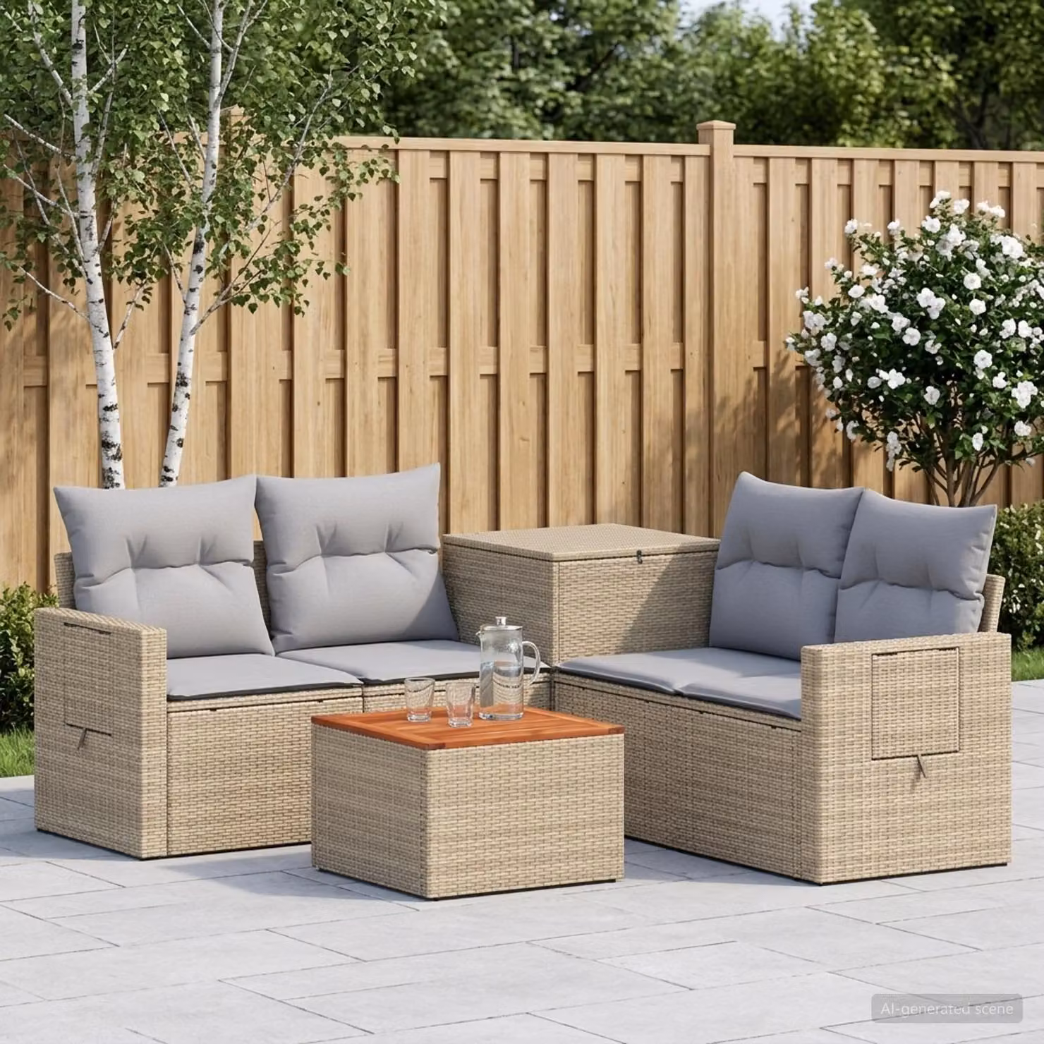 vidaXL Set di divani da giardino a forma di L in polyrattan con tavolo da caffè, 6 pezzi, Beige e Grigio