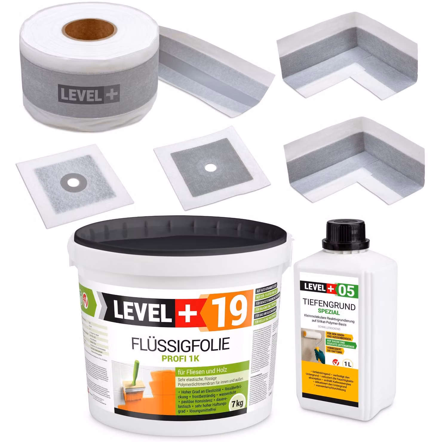 Kit per l'impermeabilizzazione: membrana liquida da 7 kg, nastro da 5 metri, primer da 1 litro, guarnizioni per angoli, livella + SET507