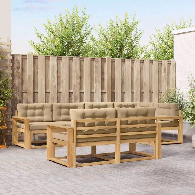 Set di divani da esterno a L vidaXL in legno di acacia con cuscini, Bianco, Beige e Marrone