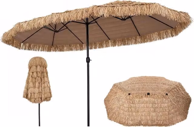 Ombrellone di paglia con LED e base e manovella, Parasole hawaiano da giardino con stecche robuste e palo metallo