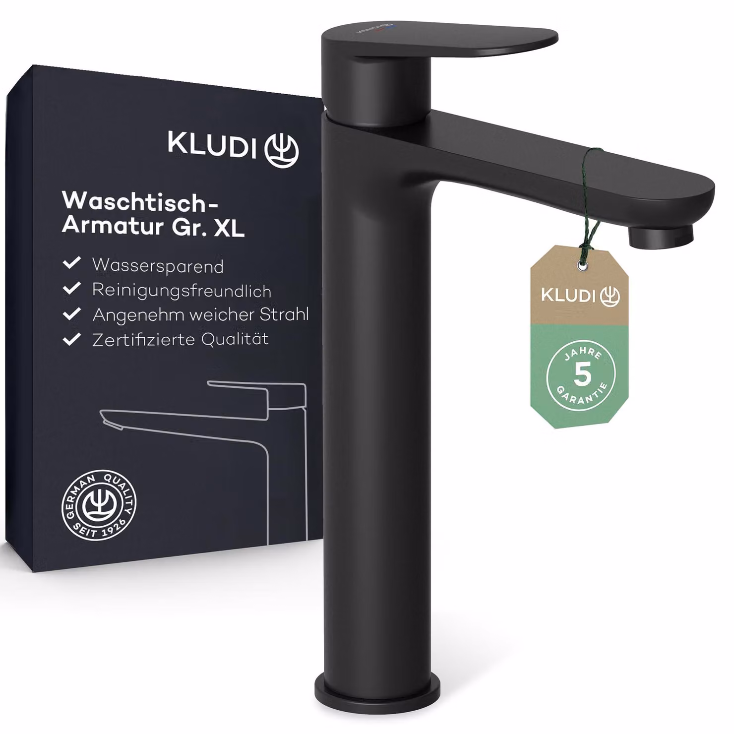 Miscelatore per lavabo nero opaco, modello XL, altezza del beccuccio 210 mm, a risparmio idrico
