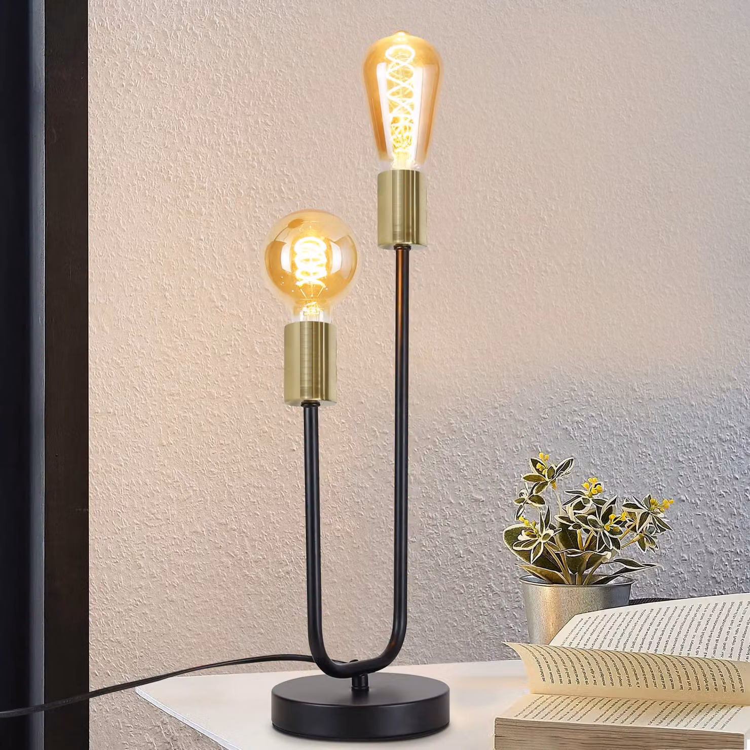 ZMH Lampada da tavolo Vintage Lampada da comodino 2 fiamme E27 Nero-Oro Lampada da scrivania industriale Metallo retrò per soggiorno Camera da letto Tavolo da pranzo Hotel