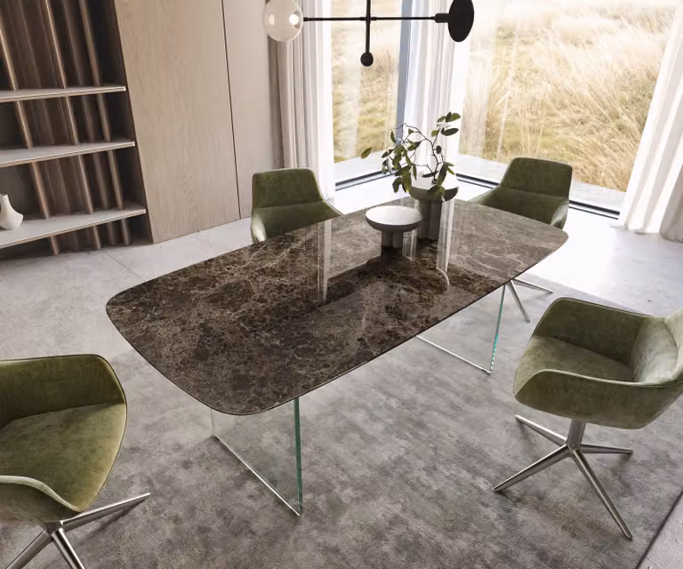 DELIFE Tavolo da pranzo Edge Boot 200x100, piano in Vetroceramica Emperador Extra Lucidato marrone scuro, struttura in vetro