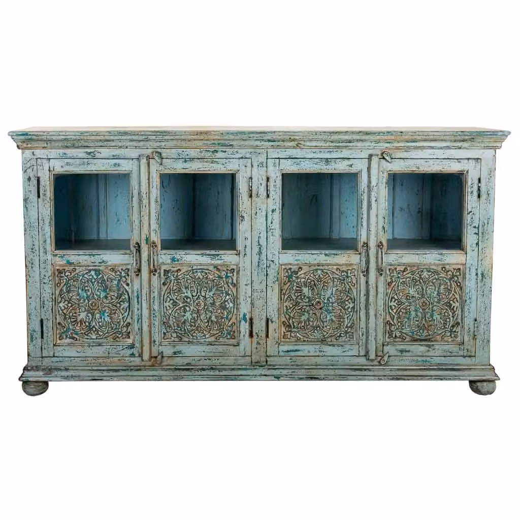 Credenza Wanderlust Deco in legno di mango laccato blu turchese con dettagli in vetro, stile boho, L: 170 cm, P: 40 cm, H: 90 cm – 2