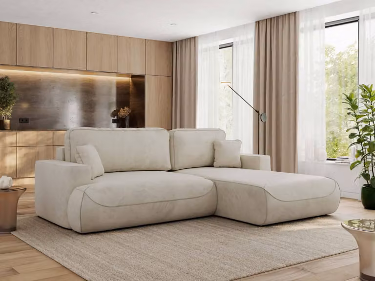 Divano angolare MKS MEBLE OVO con funzione letto e box letto, velluto beige, divano a L, divano angolare a 4 posti, 271x195x95 cm - lato destro