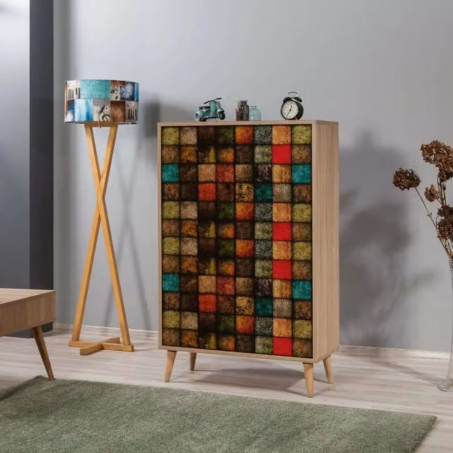 Credenza Andalusite DMORA, Buffet e Madia da Soggiorno o Cucina, Quercia e Multicolore, L 80 cm x P 36 cm x H 127 cm – 1