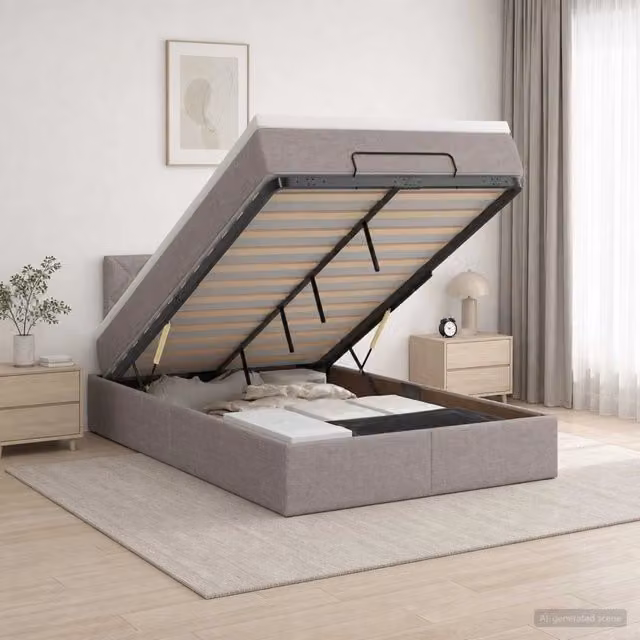 Letto Ottomano Moderno vidaXL con Materasso Ibrido, Illuminazione Sotto il Letto e Porte USB, Colore Beige e Grigio, L/P/H: 193 x 120 x 88 cm – 1