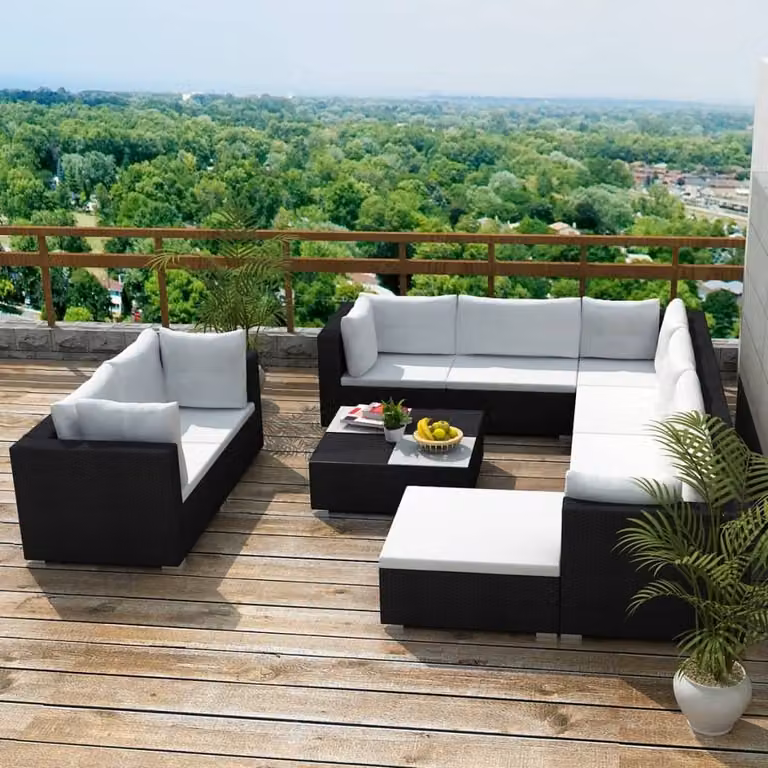 The Living Store Set da giardino da 10 pezzi con cuscini in poly rattan nero