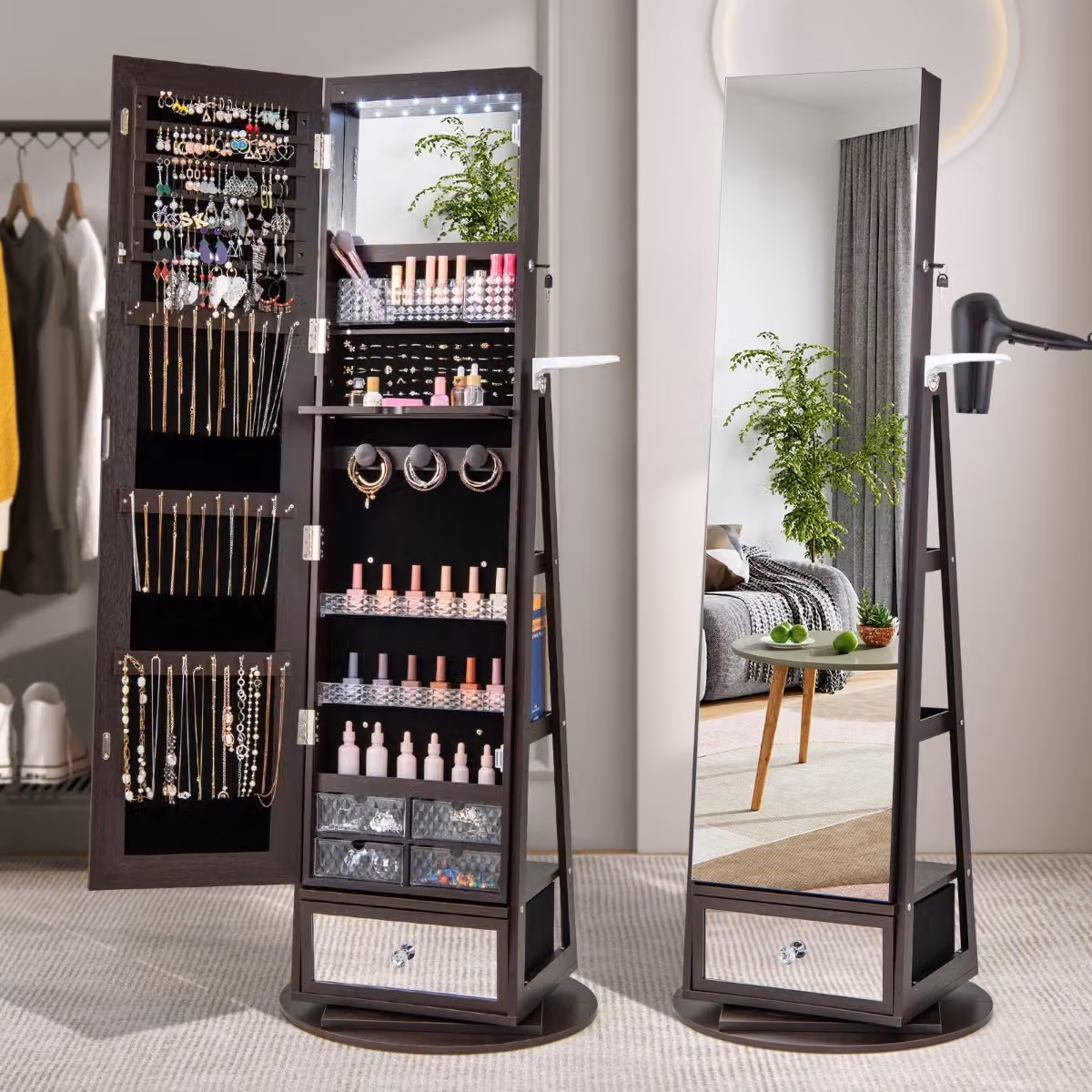 Armadietto portagioie girevole a 360° Costway con specchio lungo e luci LED, Marrone Scuro