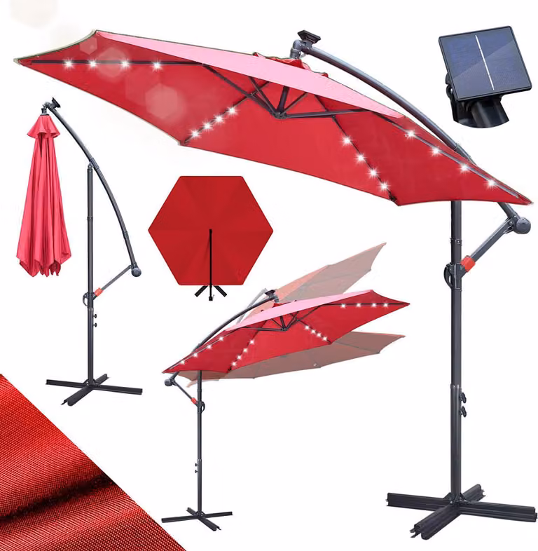 Ombrellone Izrielar 3 m rosso con illuminazione a LED, ombrellone da giardino con manovella, protezione solare UV 50+, inclinabile e resistente alle intemperie, incl. base a croce