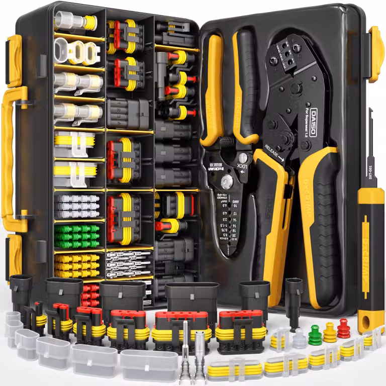 Set di strumenti per crimpare connettori impermeabili, ideale per applicazioni automobilistiche e nautiche