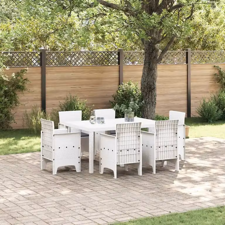 Set da pranzo per giardino e terrazzo vidaXL in 7 pezzi in rattan bianco moderno