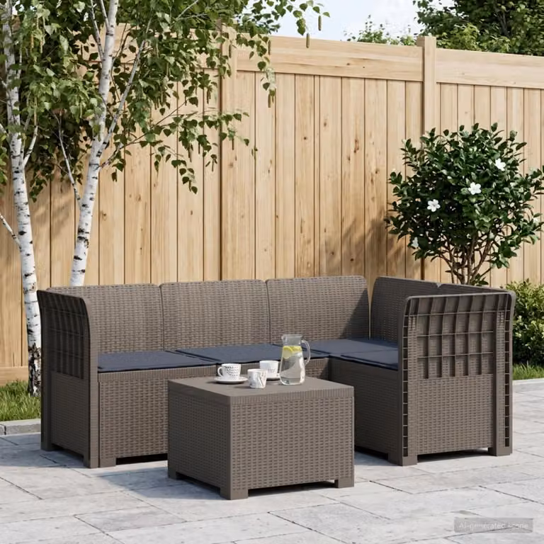 Set da giardino vidaXL moderno a forma di L con divano da 4 posti, elemento angolare, tavolino da caffè e cuscini, colore grigio in polyrattan resistente alle intemperie