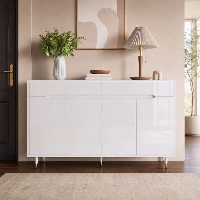 Armadio portascarpe moderno 140x39x84 cm bianco con gambe dorate; 2 cassetti e ripiani regolabili