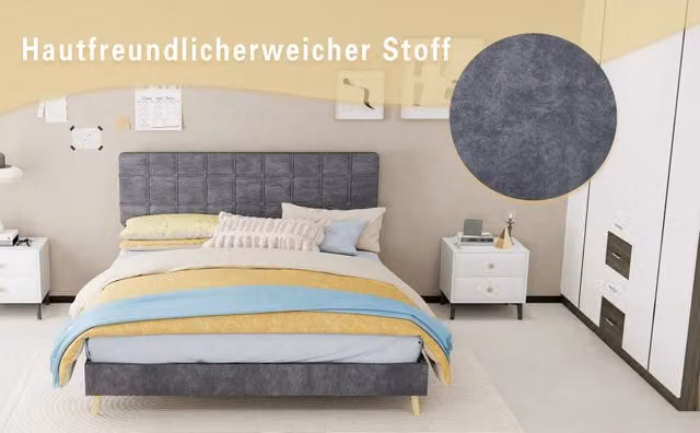 Letto matrimoniale in tessuto grigio scuro 160x200 cm con testiera trapuntata a quadri, materasso incluso