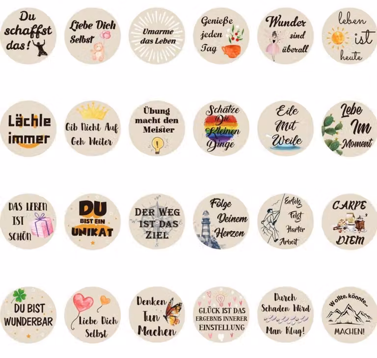 24 dischetti di legno con frasi, ideali per calendari dell'Avvento, portafortuna, decorazioni per la tavola, diametro 4 cm