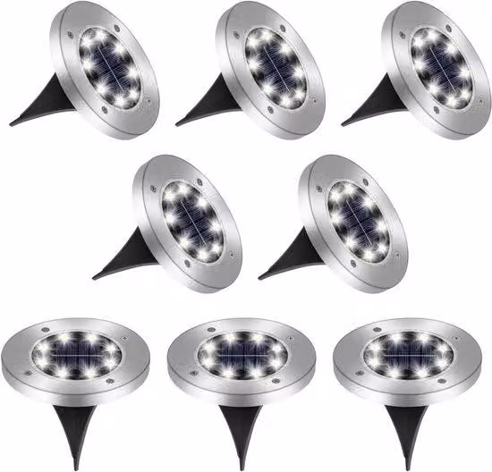 Set di luci da terra a 8 LED, alimentate a energia solare, IP65, impermeabili, luce bianca fredda