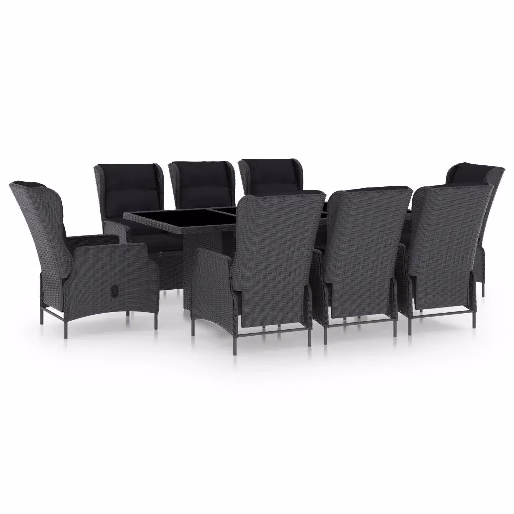 Set da pranzo da giardino vidaXL in polyrattan con tavolo in vetro e 9 pezzi, grigio e nero – 2