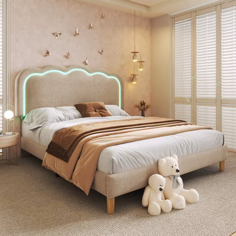 Letto imbottito Flieks 140x200cm con rete a doghe, letto per ragazzi letto per bambini con rete a doghe, letto matrimoniale letto classico in legno, lino, beige