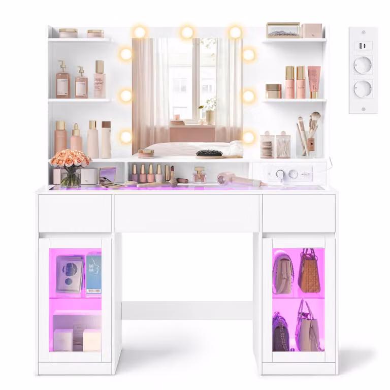 Tavolino da trucco VASAGLE con specchio, illuminazione RGB e presa di corrente, dimensioni 107 x 40 x 144,5 cm, realizzato in pannello di legno e vetro, dotato di 2 vani contenitori, colore bianco, ideale per la camera da letto