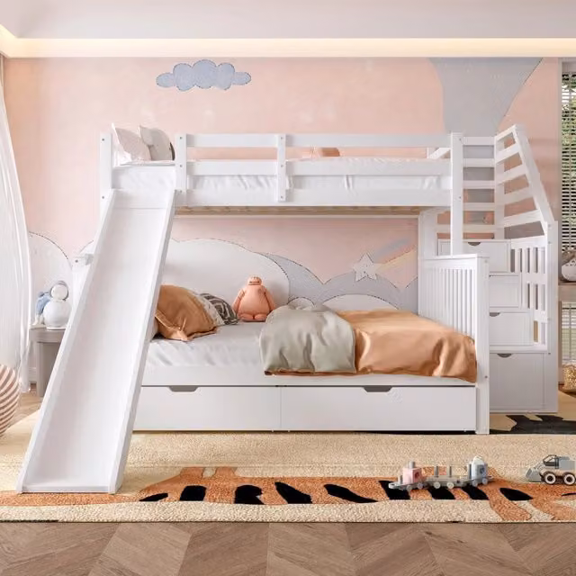Letto a castello 90 x 200 e 140 x 200 cm con scivolo e 2 cassetti; in pino e MDF; bianco anticato per cameretta