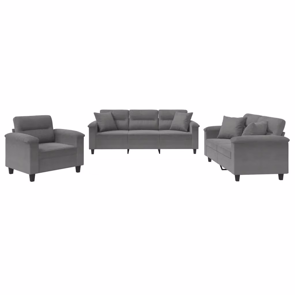 Set di Divani 3 Pezzi vidaXL in Tessuto Microfibra Grigio con Cuscini, Design Moderno per Soggiorno – 2