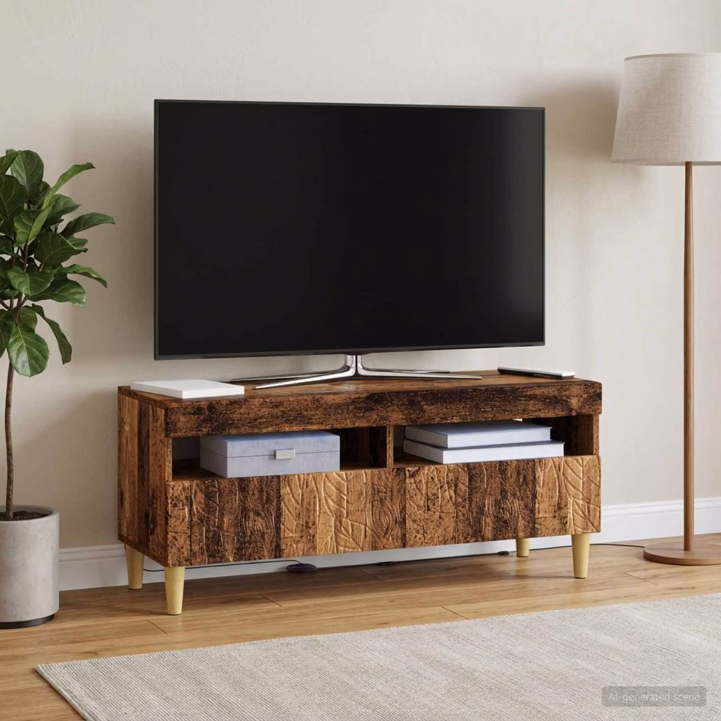 Mobile TV stand vidaXL in legno antico e MDF marrone con illuminazione integrata e scomparti multimediali