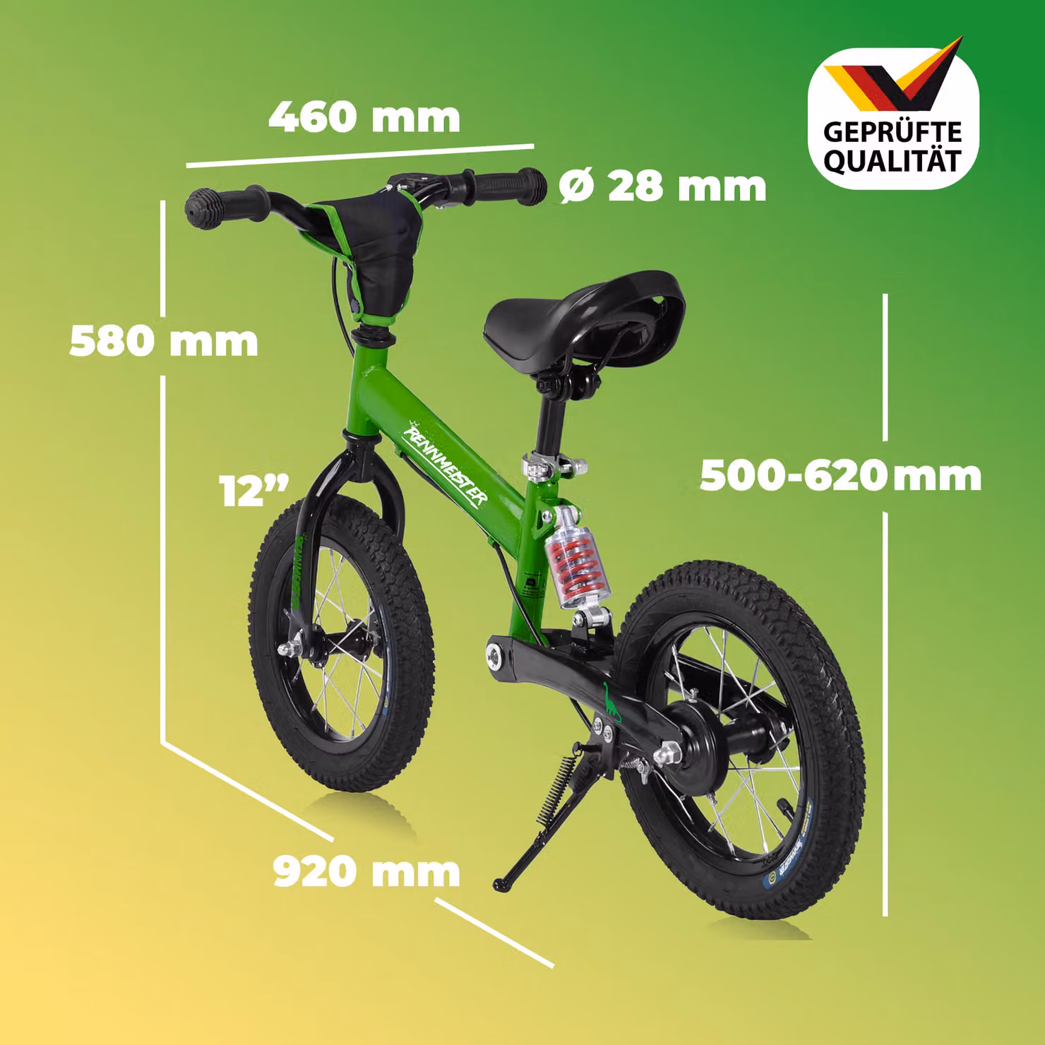 Bicicletta da equilibrio Rennmeister per bambini verde con maniglia di spinta e freno regolabile in altezza – 2