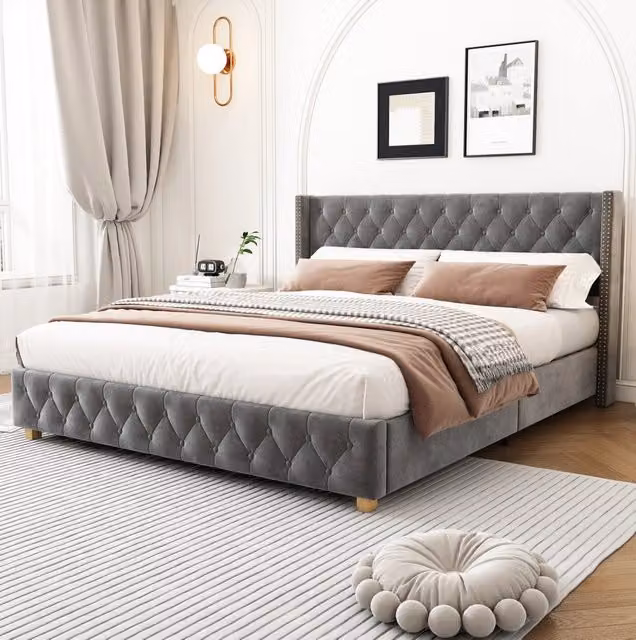 Letto imbottito 160x200 cm con testiera e rete a doghe; velluto grigio