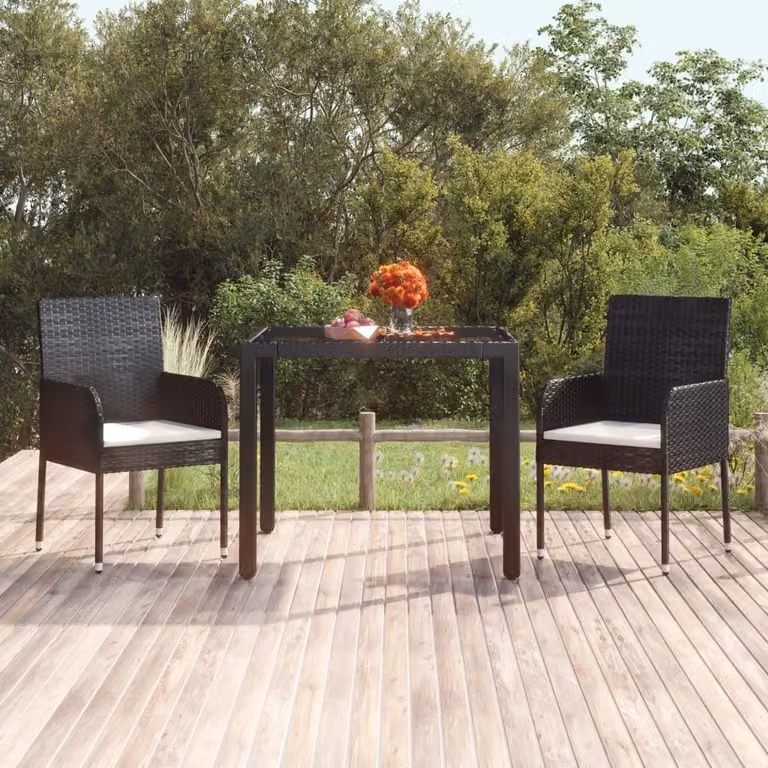 The Living Store Tavolo da giardino con piano in vetro nero 90x90x75 cm Poly Rattan