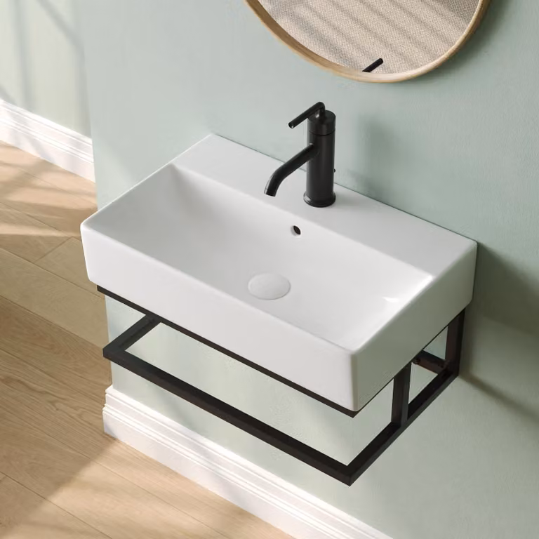 Lavabo da parete con portasciugamani, 56,8x36 cm, bianco, in Vetroceramica