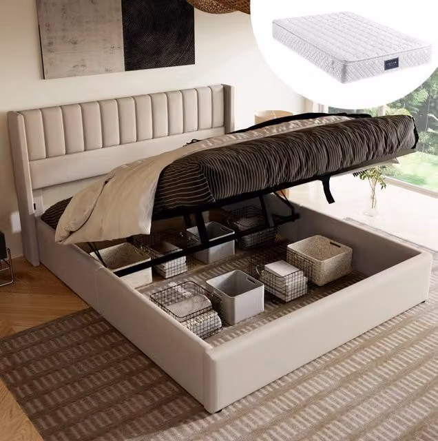 Letto Contenitore Matrimoniale Imbottito 160x200 cm con Rete in Legno e Tela Beige, Base Idraulica