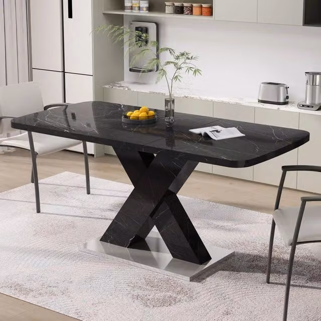 Tavolo da pranzo allungabile rettangolare ¨C Minimal ¨C effetto marmo nero, piano MDF, gambe metalliche, 120-160cm